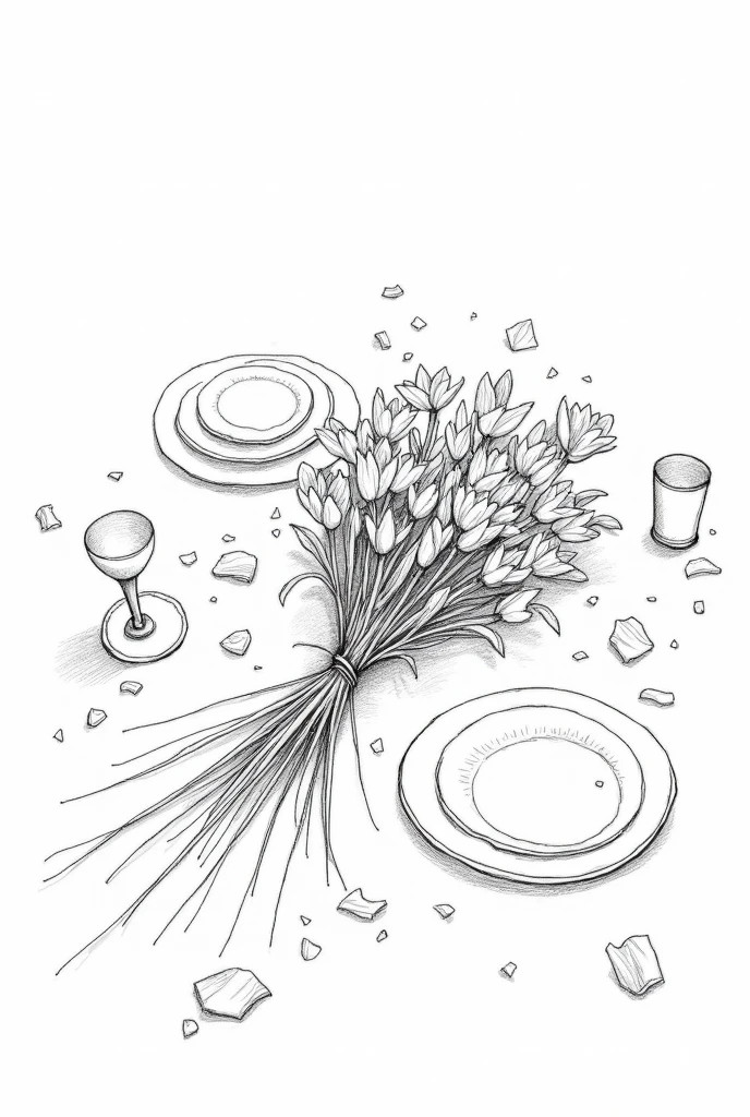 A simple drawing of a bouquet of dead flowers lying on the dining table, There are knocked over plates and glasses on the table, simple sketch style, Draft, only lines, black andwhite