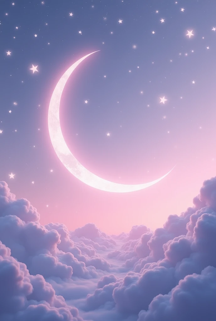 A realistic light lilac sky and a large waning moon in the center with many large white stars
