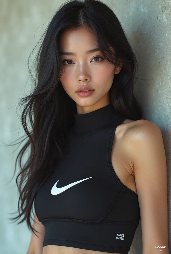 ((best quality, 8k, masterpiece :1.3)), This photograph captures a striking image of a young Asian woman with a strong and confident presence. She is dressed in a simple athletic top, featuring the iconic Nike logo, indicating a focus on sports or fitness. The monochromatic color scheme emphasizes the contrasts and textures within the image, drawing attention to her features and the contours of her body.

The composition centers on the woman's face and upper body, with her long, straight hair cascading naturally around her face and shoulders. A few strands of hair fall across her face, adding a sense of movement and casualness to the image. Her expression is serious and intense, with her eyes directly engaging the viewer. She holds one arm above her head, slightly tousling her hair, which further accentuates the confident and relaxed pose.

The use of lighting in this photograph is particularly noteworthy. It highlights the smoothness of her skin and creates subtle shadows that enhance the depth and dimensionality of the image. The background is kept neutral and unobtrusive, ensuring that the focus remains entirely on the subject.

Overall, this image exudes a sense of strength, beauty, and athleticism, captured in a minimalist yet powerful way through the use of black and white photography. The choice of a monochrome palette allows the viewer to focus on the emotional and physical presence of the subject without the distraction of color.