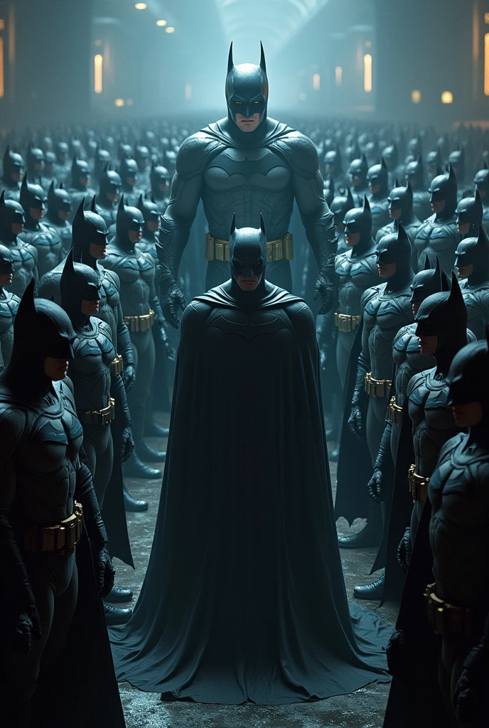 An image with many BATMAN from different series and films gathering to surround a villain. Put the BATMAN of the future in the image, the BATMAN a série, BATMAN brave and fearless, DCU, DCEU, young justice, justice league unlimited and others