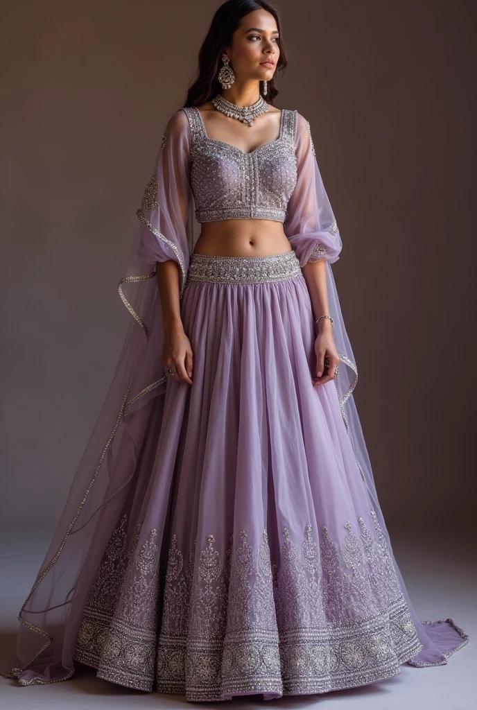 a lehanga, silver beads at the bottom with arching patterns, colour is french lilac #86608E blend with lilac luster, dull and bit dark colour , less fancy patterns
