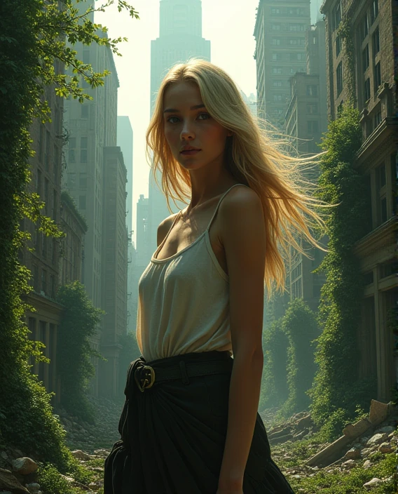 ((beautiful woman, 22 years old, a thin fit body blonde)), Image of the city of NY NYC New York, post apocalypse the same image but without people, overgrowth foliage tree's,