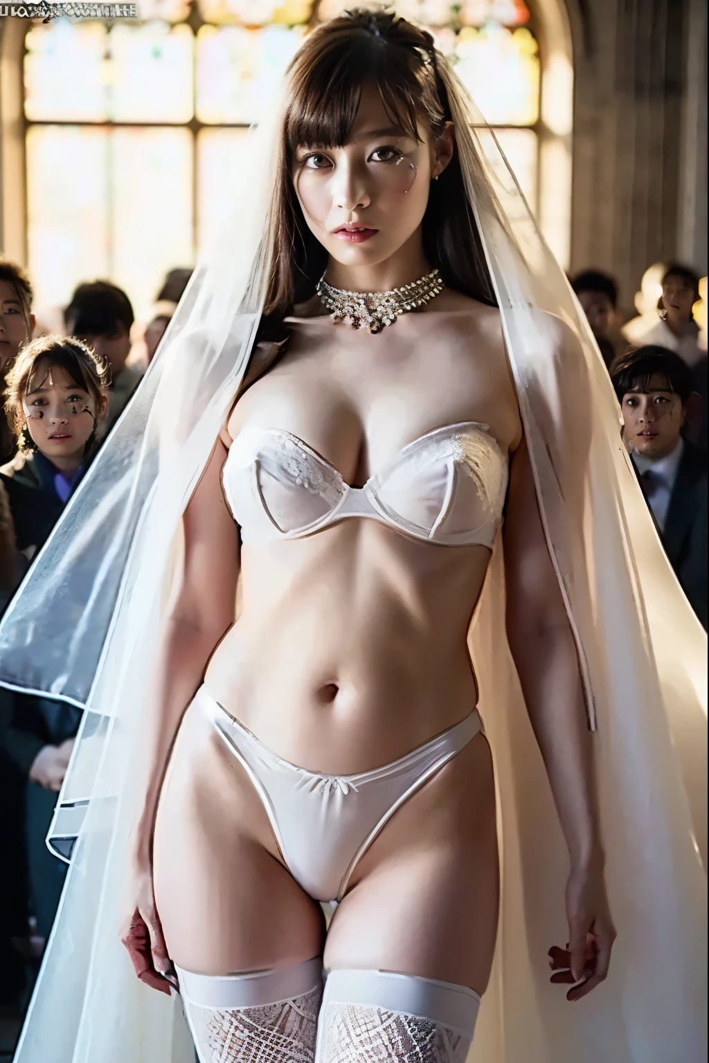 Naked Bride." shape, Big Breasts, Beautiful nipples, Perfect body, whole body , Church wedding,  (((There were many participants behind her..))).  (((white transparent wedding dress, Cape, Veil, Transparent Micro Panties, Transparent Micro Bra, Fishnet tights.))) . Thick pubic hair. ,(Highest quality, 4K, 8k, High resolution, Tabletop:1.2), Very detailed, (Realistic, Realistic, Photorealistic:1.37), Royal, Enchanting, (Vibrant colors, Sharp Chest:1.1), Soft lighting"Writhing expression. The most beautiful woman in town.