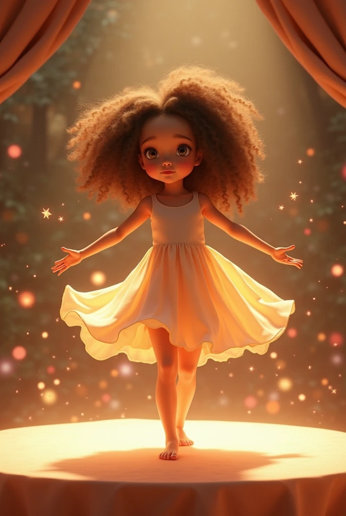 On a table, a curly-haired girl, wearing a short dress,