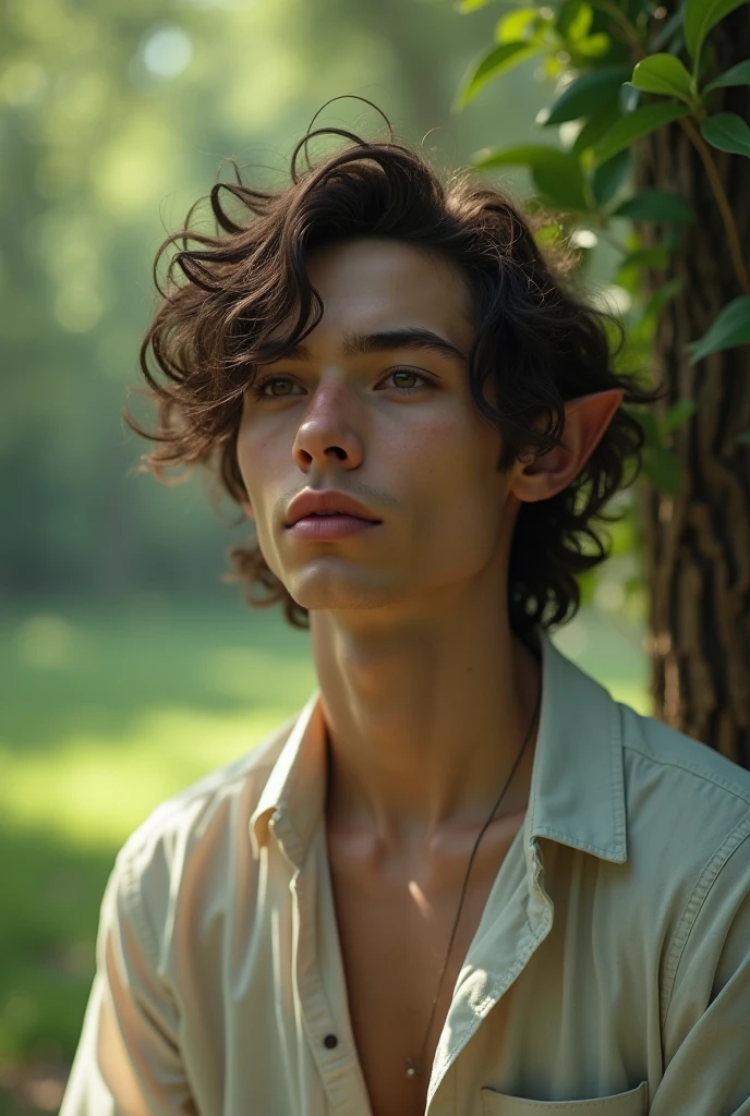 (photorealism:1.2), beautiful man, curly hair, soft lighting, nature in background, relaxed pose, realistic, intricate details, elf boy