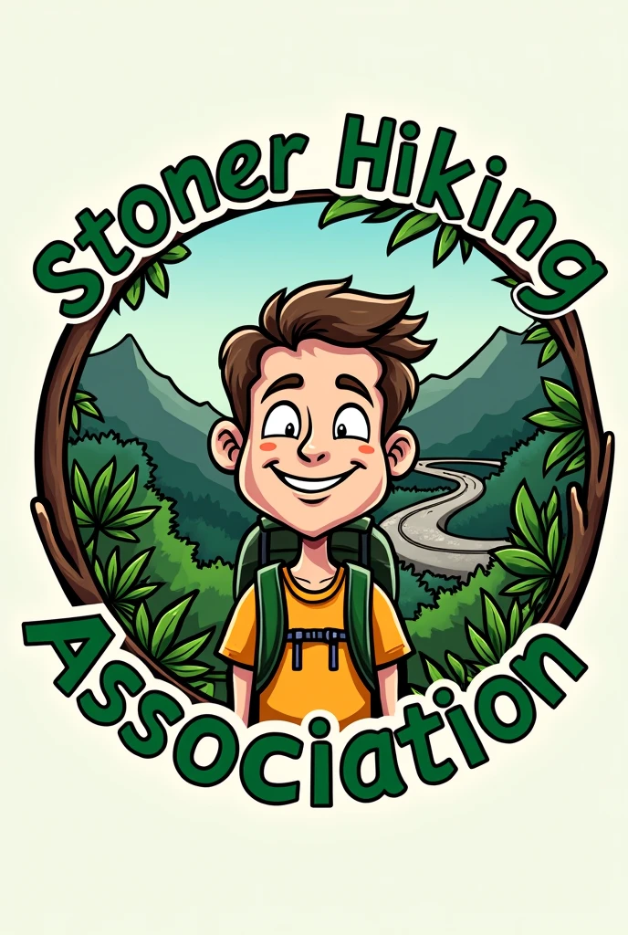 Round Logo for: Hiking club that smokes weed, with name "Stoner Hiking Association" around it, please include more weed, can you male it more cartoony