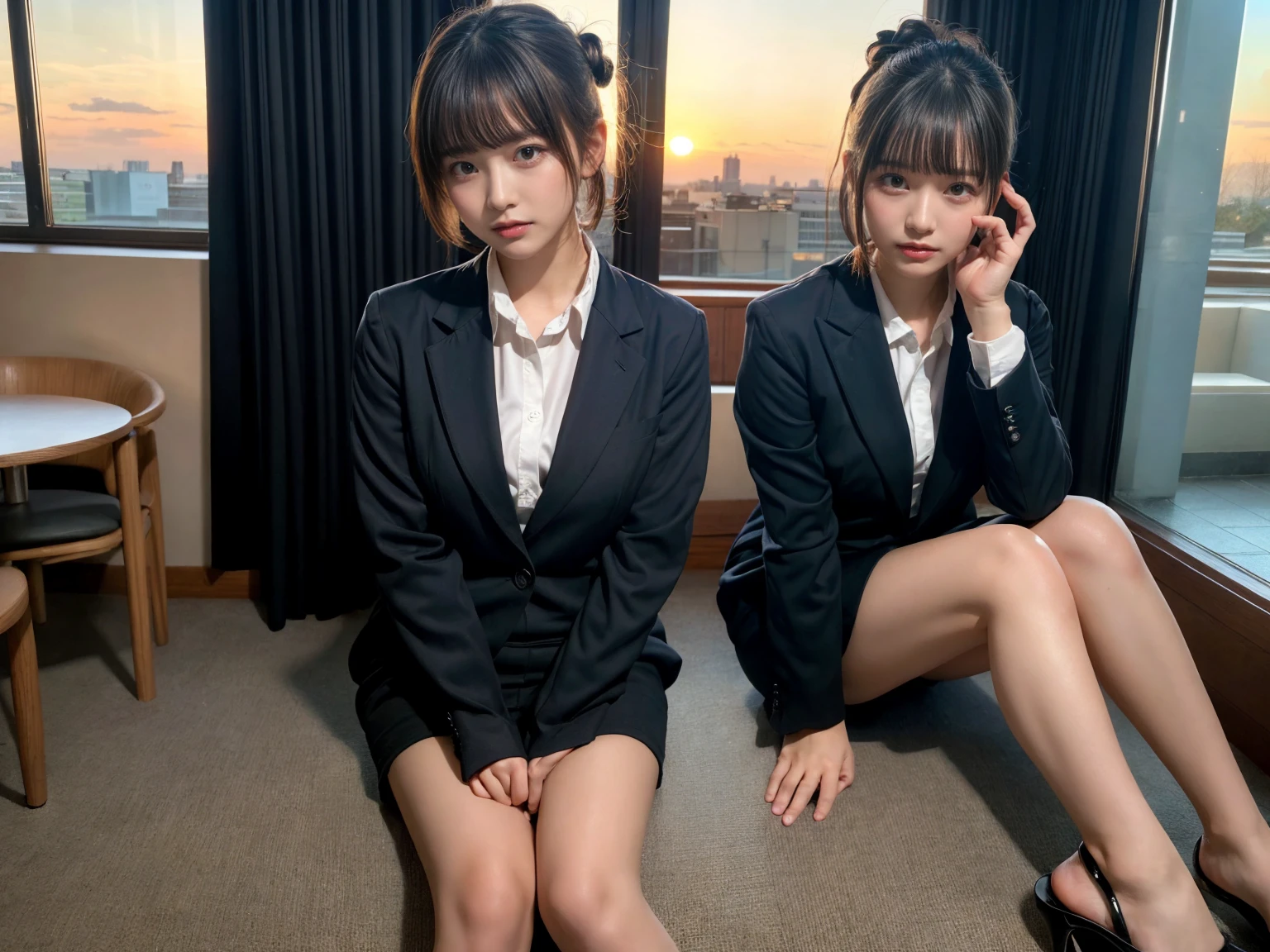 masterpiece, best quality, illustration, Super detailed, fine details, High resolution, 8K,wall paper, perfect dynamic composition,(Details High quality, realistic depiction of eyes:1.3), (2 girls), short hair, Office Lady, ,Suit,Collared shirt, Black Suit,Black jacket, updo, huge breasts, black hair color, Big Natural Color Lip, bold sexy pose, crying a little、cold gaze, Harajuku style、20 year old girl、cute type、ta、beautiful legs, hotel room, full body photo、focus on crotch, hposing Gravure Idol, Sexy shot looking at camera, Sunset, by the window, Summer, make up, Curve