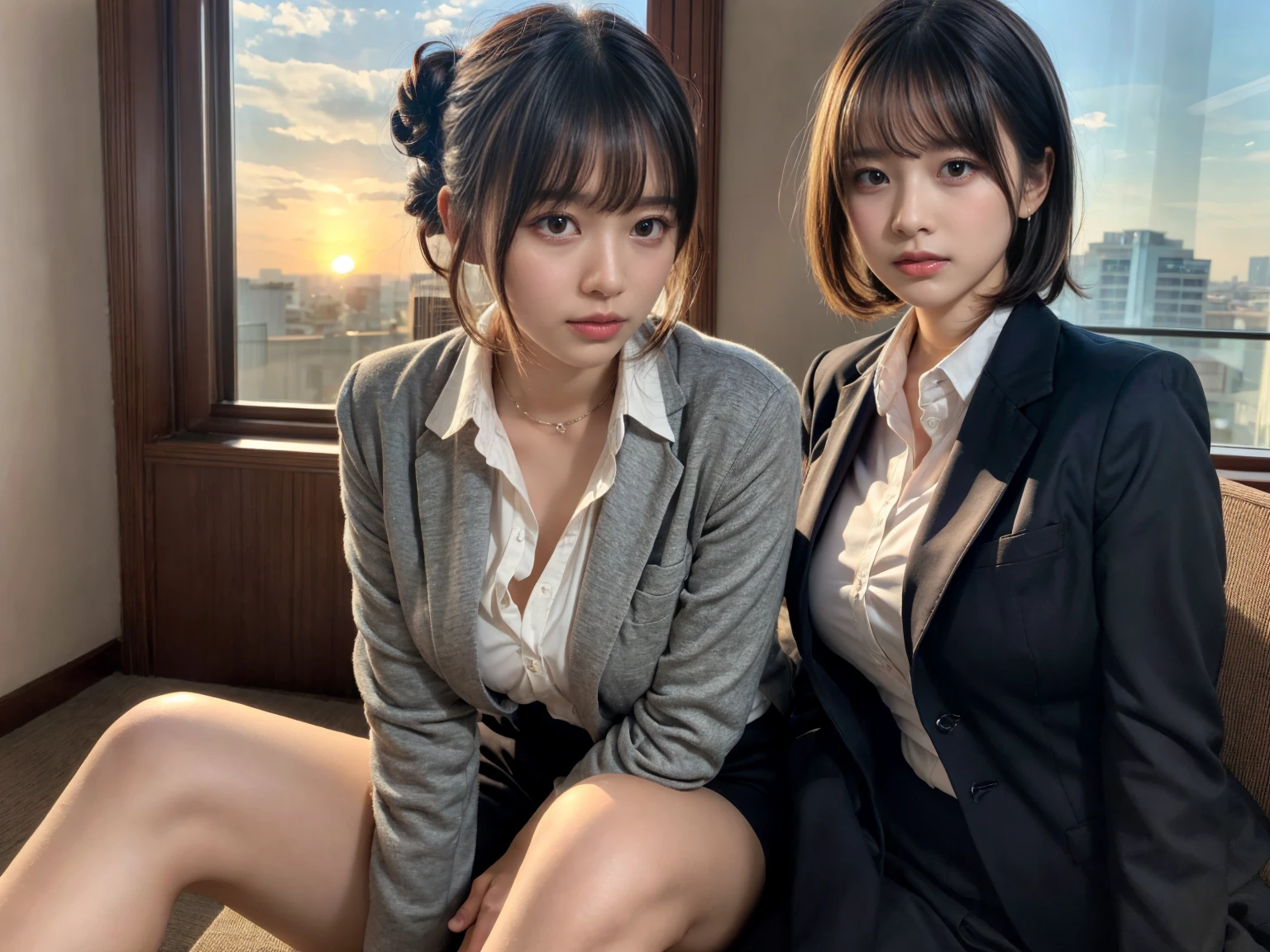 masterpiece, best quality, illustration, Super detailed, fine details, High resolution, 8K,wall paper, perfect dynamic composition,(Details High quality, realistic depiction of eyes:1.3), (2 girls), short hair, Office Lady, ,Suit,Collared shirt, Black Suit,Black jacket, updo, huge breasts, black hair color, Big Natural Color Lip, bold sexy pose, crying a little、cold gaze, Harajuku style、20 year old girl、cute type、ta、beautiful legs, hotel room, full body photo、focus on crotch, hposing Gravure Idol, Sexy shot looking at camera, Sunset, by the window, Summer, make up, Curve