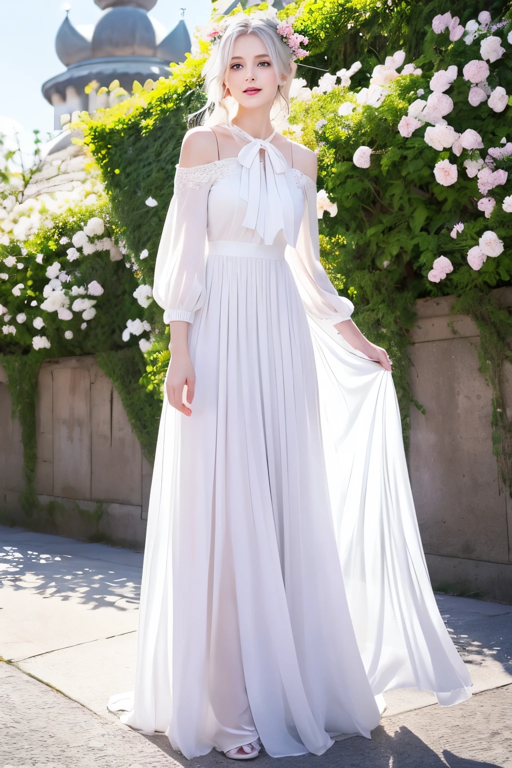 masterpiece, Great work, Daytime, Outdoor, Falling Flowers, White Dress, 1 person, Perfect Woman, Woman with long silver and white hair, Gray blue eyes, Pale pink lips, cold, Severe, Van, Purple eyes, White clothes, Black Apparel Line, Delicate face, Beautiful Face, Standing Bow, Tassel, The Knot of Happiness, smile