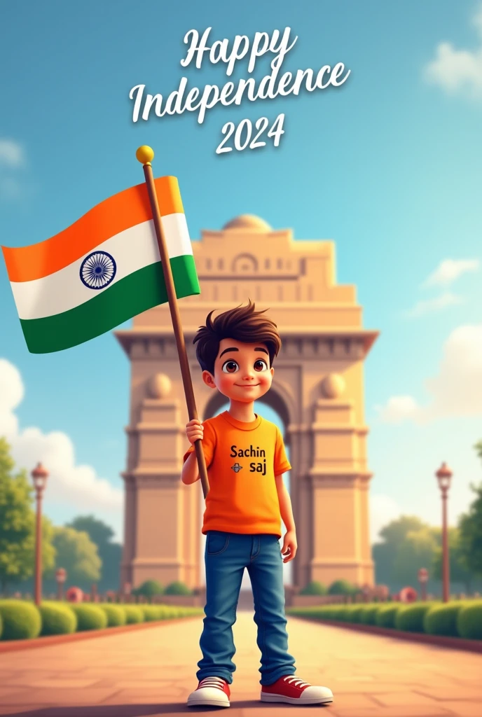 A real 7 years old boy, Wearing Orange T shirt blue jeans sneakers and the name "Sachin saj" is written on his t-shirt and the boy is standing on the road with holding a national flag of India, and behind him is the India gate Delhi. And "Happy Independence Day 2024" written at above sky Create Realistic image high quality.