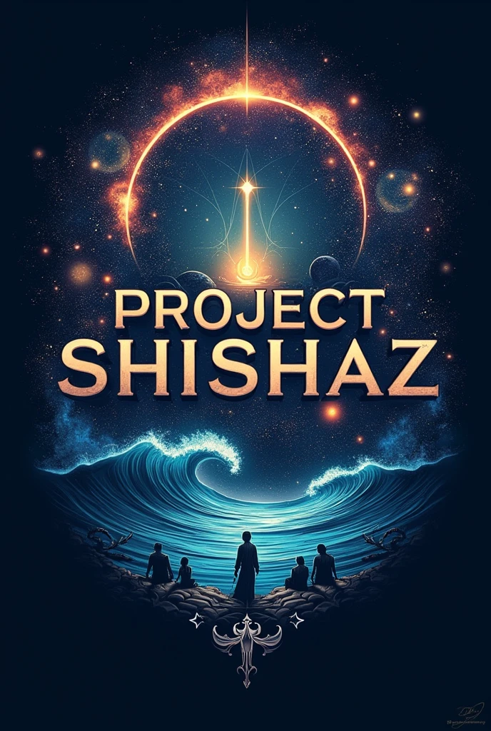 Make me project shishaz logo best and esthetic logo in good fonts representing cinematography, photography, astronomy, space, planets, universe, travelling, ocean, god, life , good days, perfect life, dark days and use big fonts PROJECT SHISHAZ in the center of the image