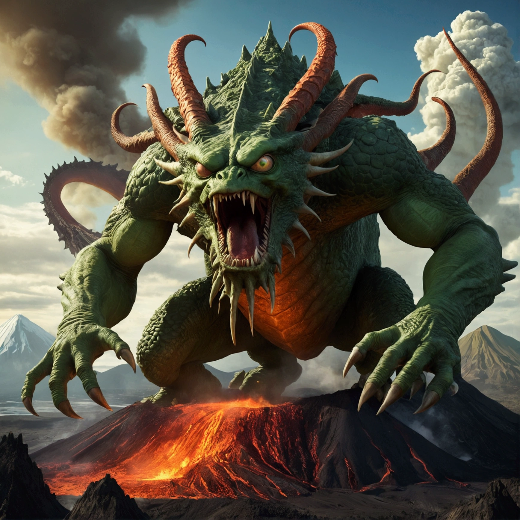 Green monster with eight legs and five eyes, fighting a dragon on top of a volcano
