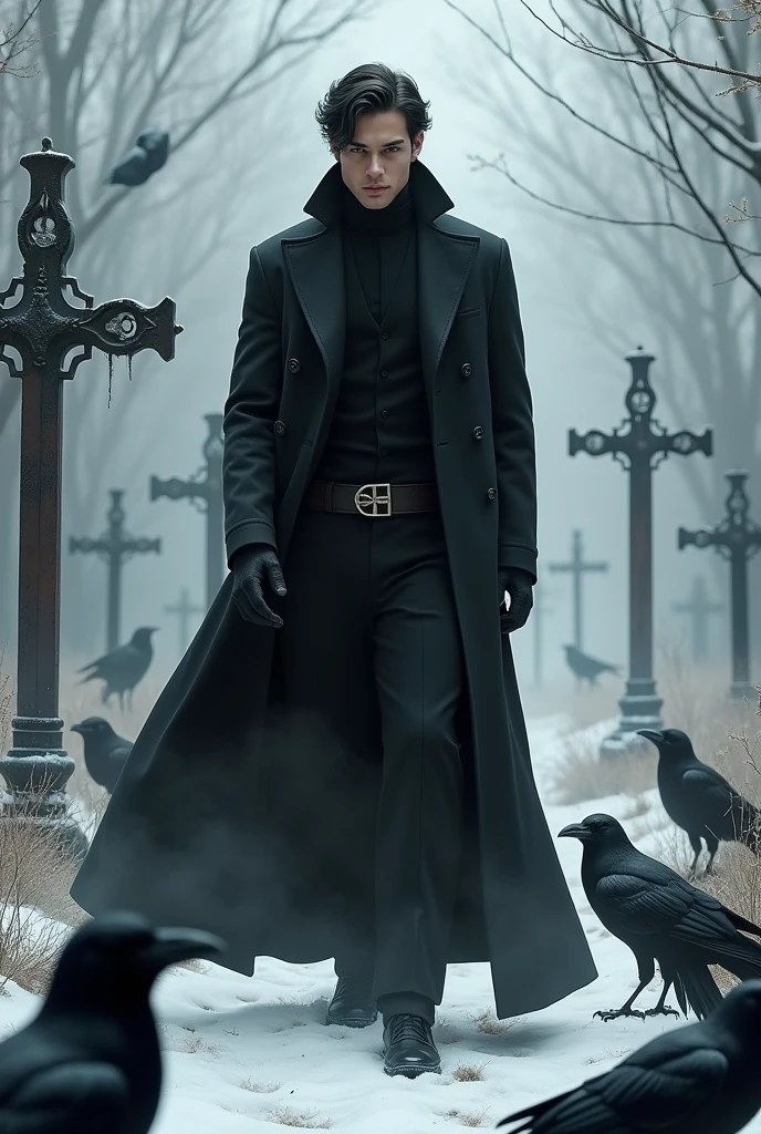 Handsome guy, in black clothes. Wide, black pants, and a long, black coat. Even and beautiful facial features, as well as dark hair. Everything is done in realism, more reality and the guy himself is real. it is winter, he is wearing a slightly warm coat. also, there are a lot of crows and snow, blockages, crosses everywhere. he stands in a beautiful pose, there is smoke everywhere. closer to the screen, black feathers of crows. crows fly  more iron crosses and the guy is closer to the screen 