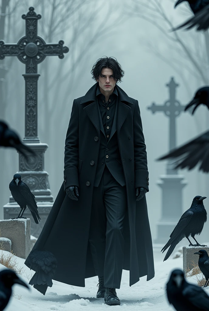 Handsome guy, in black clothes. Wide, black pants, and a long, black coat. Even and beautiful facial features, as well as dark hair. Everything is done in realism, more reality and the guy himself is real. it is winter, he is wearing a slightly warm coat. also, there are a lot of crows and snow, blockages, crosses everywhere. he stands in a beautiful pose, there is smoke everywhere. closer to the screen, black feathers of crows. crows fly  more iron crosses and the guy is closer to the screen 