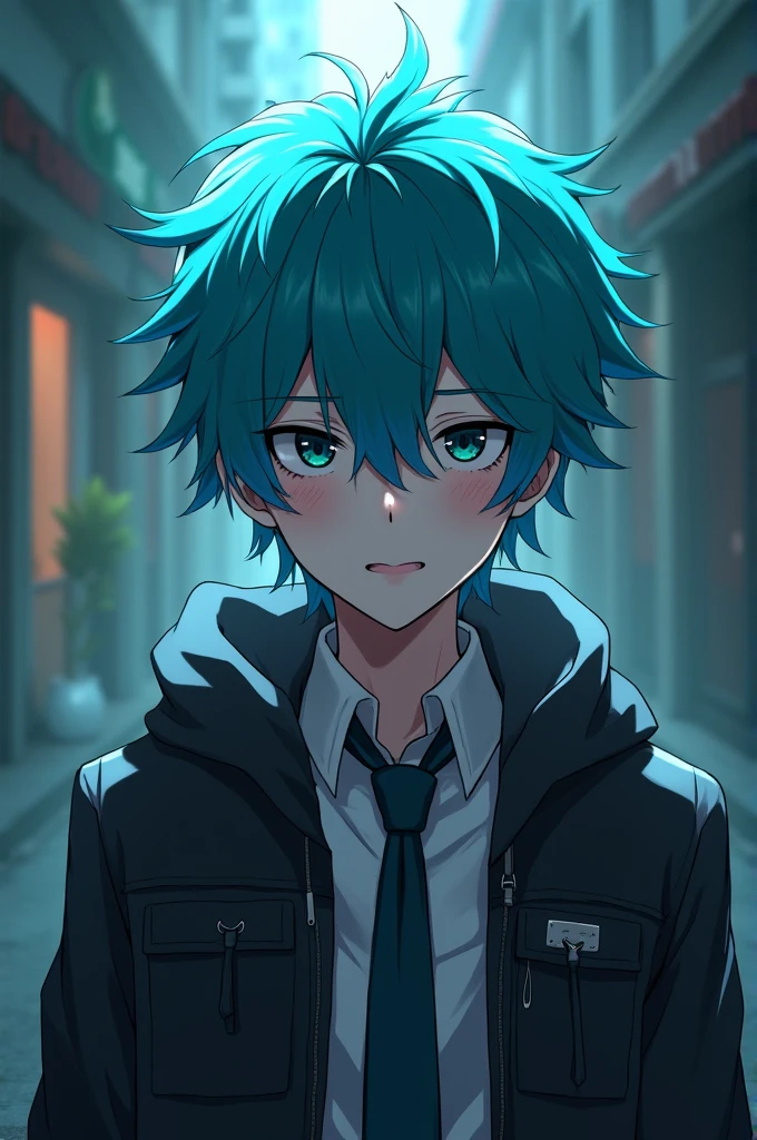 cyan haired man with a manipulative but innocent look, he is the villain of the story but he doesn't seem to be, he is a little short, anime format