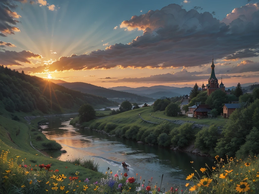 Photorealism, sunset, evening, warm summer, hyper-detailed, picturesque beautiful landscape, wildflowers, romantically depicted charming Russian village, traditional crafts, horse near the shore, river, golden haze