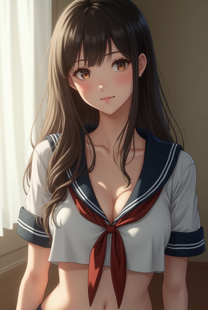 nsfw, Top quality, RAW images, real face, incredibly beautiful girl, cute, silky, Japanese girl, soft and shiny hair, Depth of written borders, High accuracy, Very detailed,ملابس تدريب ،عيون ووجه Very detailed, students sharp, Real students, Intense focus, Cinema Lighting, small, (small breasts:1.2), (Moderate build, , cute), thin hips, (Moderate build waist:1.2), Sensitive and sexy collarbone, (sailor suit:1.2), (Lifting sailor suit to show off a small cute bra:1.5)))、