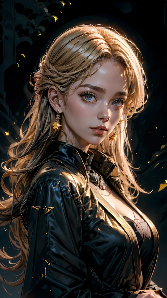 (high quality,realistic:1.2),portrait,golden hair,beautiful girl wearing a black jacket,detailed eyes,luscious lips,sensual gaze,luxurious texture,shimmering highlights,soft shadows,subtle smile,impeccable makeup,perfect skin tone,varied golden hues,mesmerizing presence,extraordinary attention to detail,immaculate shading,flawless complexion,expressive eyebrows,long eyelashes,graceful pose,stylish and confident demeanor,striking contrast between the jacket and hair,professional photography,rich color palette,subdued lighting,subtle bokeh effects,glowing complexion,meticulously crafted features,exquisite realism,artistic sophistication.