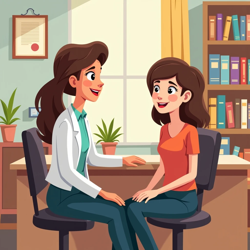 Female psychologist from cognitive behavioral psychology animated attending patient cartoon in an office
