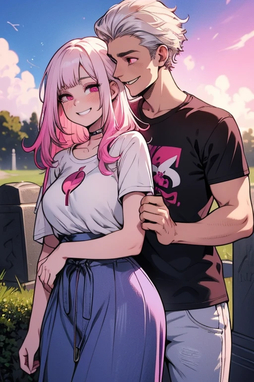 One man. One woman. Perfect faces. Perfect hands. A pink haired woman with violet eyes with an hourglass figure in a summer dress is kissing a young white haired man with red eyes in a t-shirt and jeans in a cemetery with big smiles