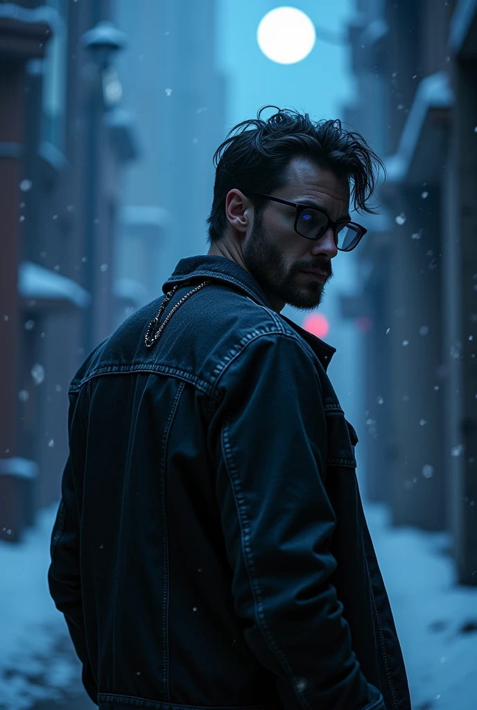 (Realistic) (Serious expression) (Pose with back to image, looking back) 1 white adult male with bright violet eye irises, broad shoulders, messy black hair parted in the middle and short beard. Wearing an open black denim jacket, a black shirt underneath, black-framed prescription glasses and a silver chain around his neck. Coming out of a dark alley in a futuristic city at night with heavy snowfall and blue moonlight.