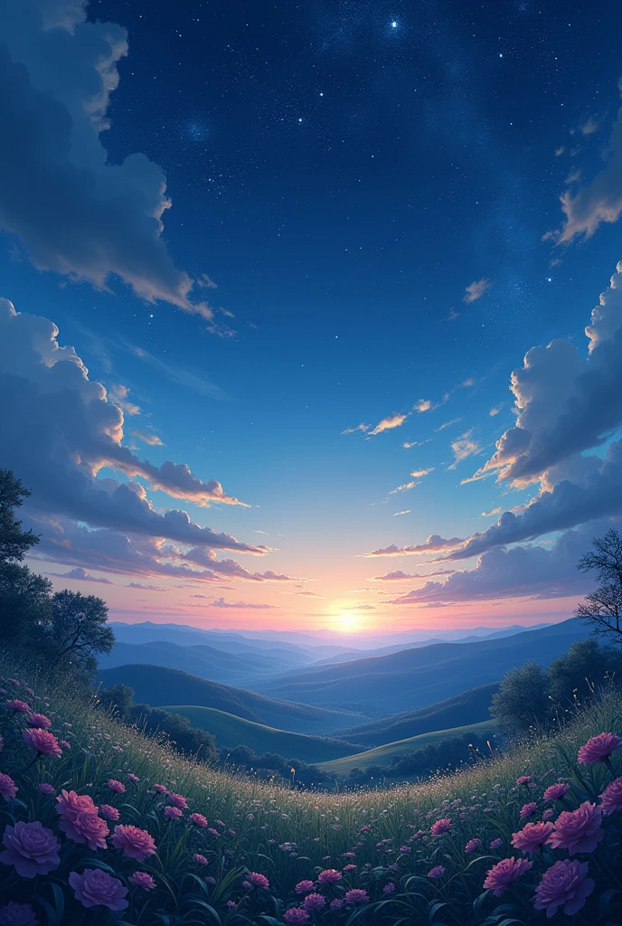 Beautiful scenery of the cosmos countryside、Excellent image quality、Best quality at best、beautiful colors、Atmosphere with natural light、Smooth camerawork、Soft tones、Night Glow、Calm atmosphere、elegant atmosphere、Petal dance、Blue and open sky、gentle breeze、Feeling happy、Rich natural environment、Beautiful representation of light。