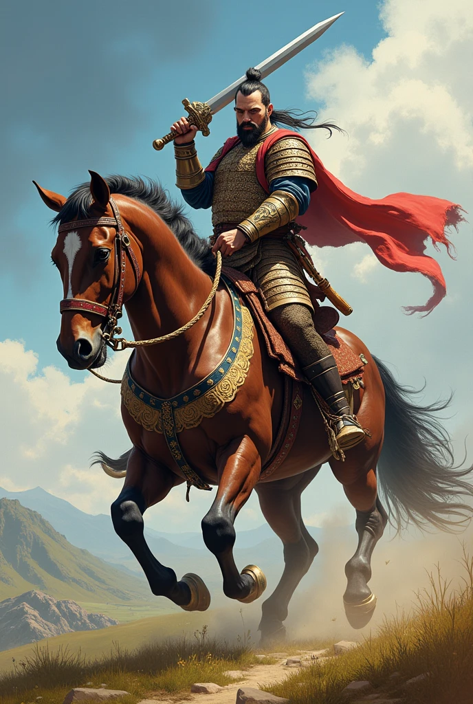 Man riding a horse with a sword , horse warrior, brown bear riding a horse, heavy cavalry, inspired by Philips Wouwerman, inspired by Aelbert Cuyp, inspired by Hu Zaobin, steam office maps, mongol, cavalry, samurai urso da lua, social cg e fenghua zhong, Wojtek FUS