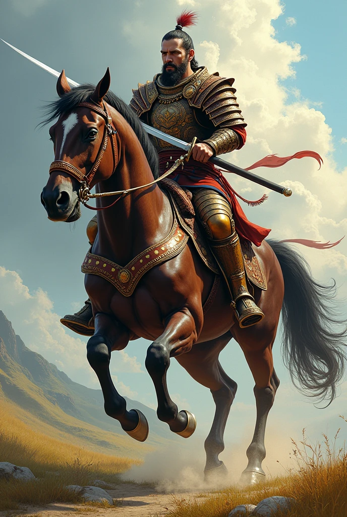 Man riding a horse with a sword , horse warrior, brown bear riding a horse, heavy cavalry, inspired by Philips Wouwerman, inspired by Aelbert Cuyp, inspired by Hu Zaobin, steam office maps, mongol, cavalry, samurai urso da lua, social cg e fenghua zhong, Wojtek FUS