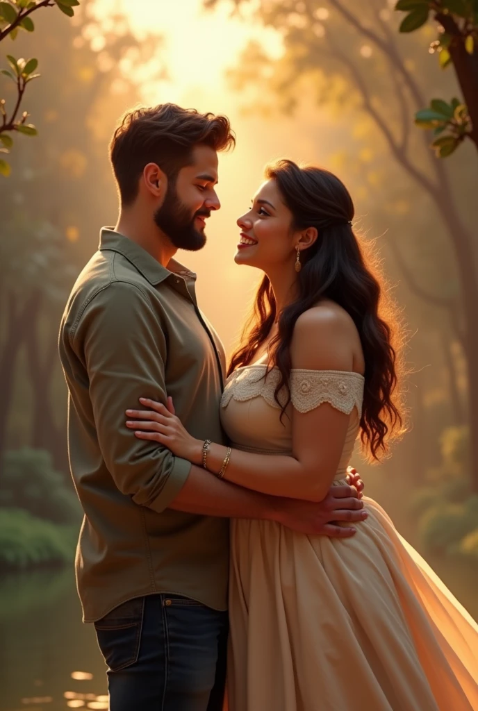um casal, noivos, each one is a bit chubby. the husband has a beard