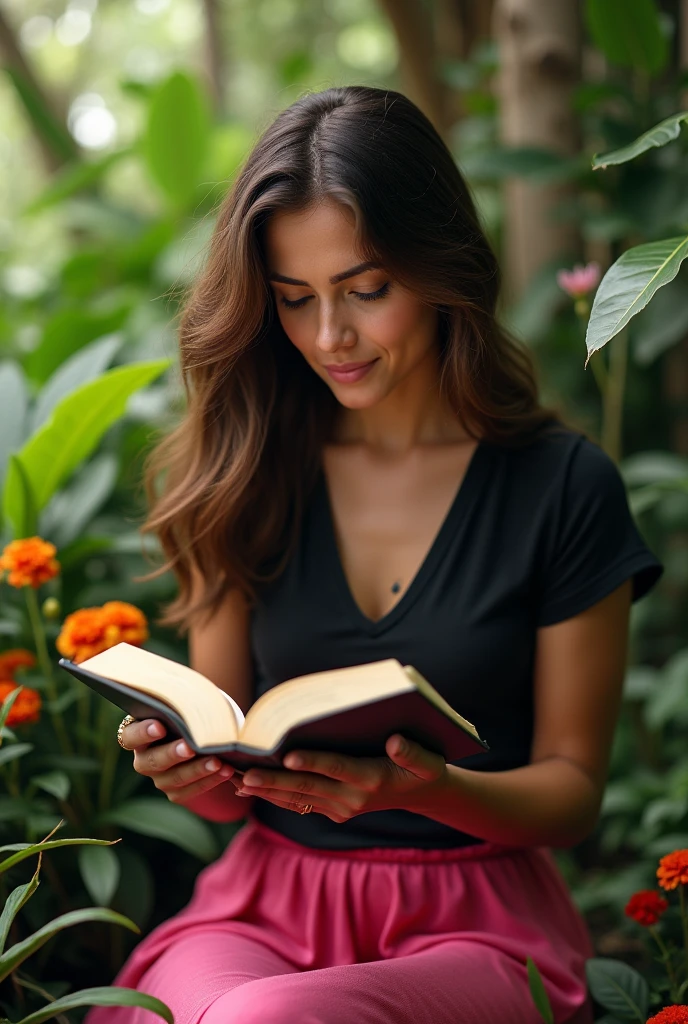 A Brazilian woman with brown wavy hair reading the Bible in a lush tropical garden, wearing a black shirt and pink skirt, with a close-up capturing the harmonious beauty between her breasts and the natural flowers, showing off your natural charm and outgoing personality.