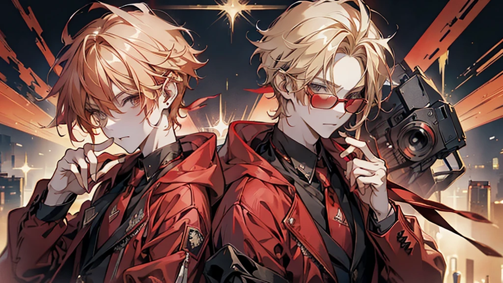 Man, red hoodie, tuxedo under hoodie, tie, blonde, cool, handsome, facing forward, red sunglasses