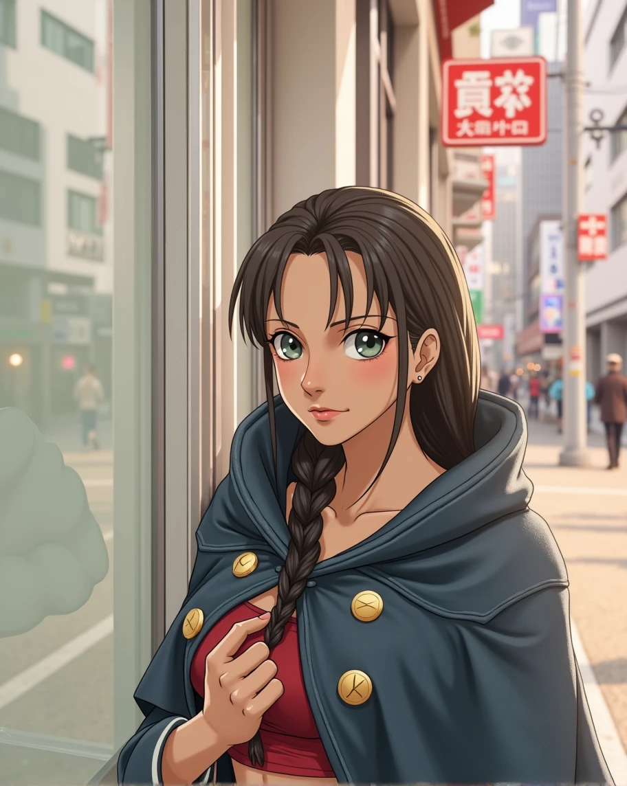original photo:1.2),(realistic:1.4),beautiful detailed girl,very detailed eyes and face,beautiful detail eyes,ridiculous,incredibly ridiculous,super detailed,high resolution,very detailed,best quality,masterpiece,illustration,very detailed,CG,unified,8k wallpaper,amazing,fine detail,masterpiece,best quality, perfectlighting,1 girl, (((boa hancock))), long hair, epaulettes, cape, red crop top, side slit, cowboy shot, background tokyo