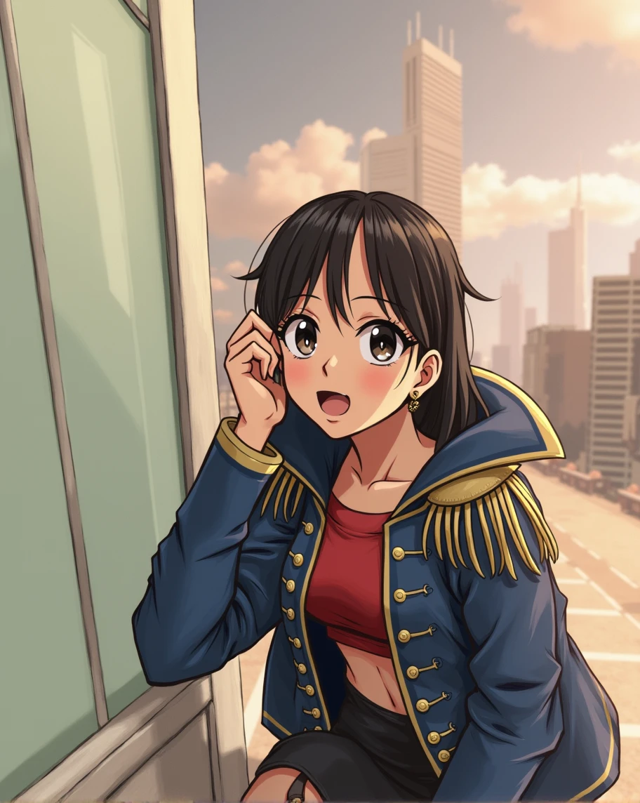 original photo:1.2),(realistic:1.4),beautiful detailed girl,very detailed eyes and face,beautiful detail eyes,ridiculous,incredibly ridiculous,super detailed,high resolution,very detailed,best quality,masterpiece,illustration,very detailed,CG,unified,8k wallpaper,amazing,fine detail,masterpiece,best quality, perfectlighting,1 girl, (((boa hancock))), long hair, epaulettes, cape, red crop top, side slit, cowboy shot, background tokyo