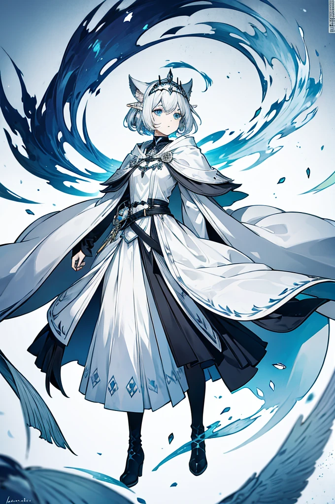 Gray and white shoulder-length short hair,Girl,Blue Eyes,Elf ears,No headdress,No cat ears,Wear a magician's robe,cloak,hood,Long skirt,Boots,full-body shot,front Photo,No background