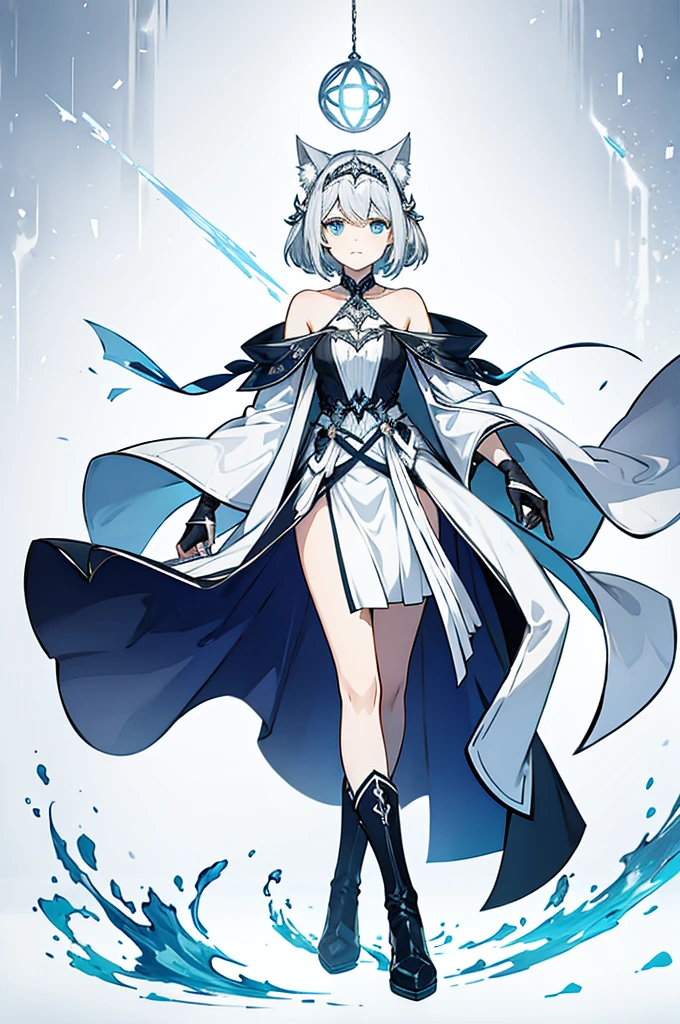 One Woman、young、Silver Hair、Short Hair、Yellow Eyes、grinning mouth、Very large breasts、Exposing cleavage、Exposing the legs、Warrior、White clothes、Black Cape、Full body portrait、magic circle background