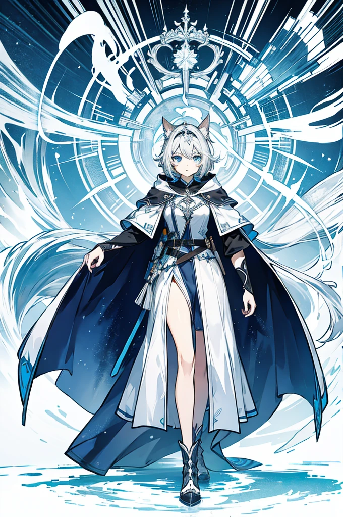 Gray and white shoulder-length short hair，Girl，Blue Eyes，Elf ears，No headdress，No cat ears，Wear a magician's robe，cloak，hood，Long skirt，Boots，full-body shot，front Photo，No background