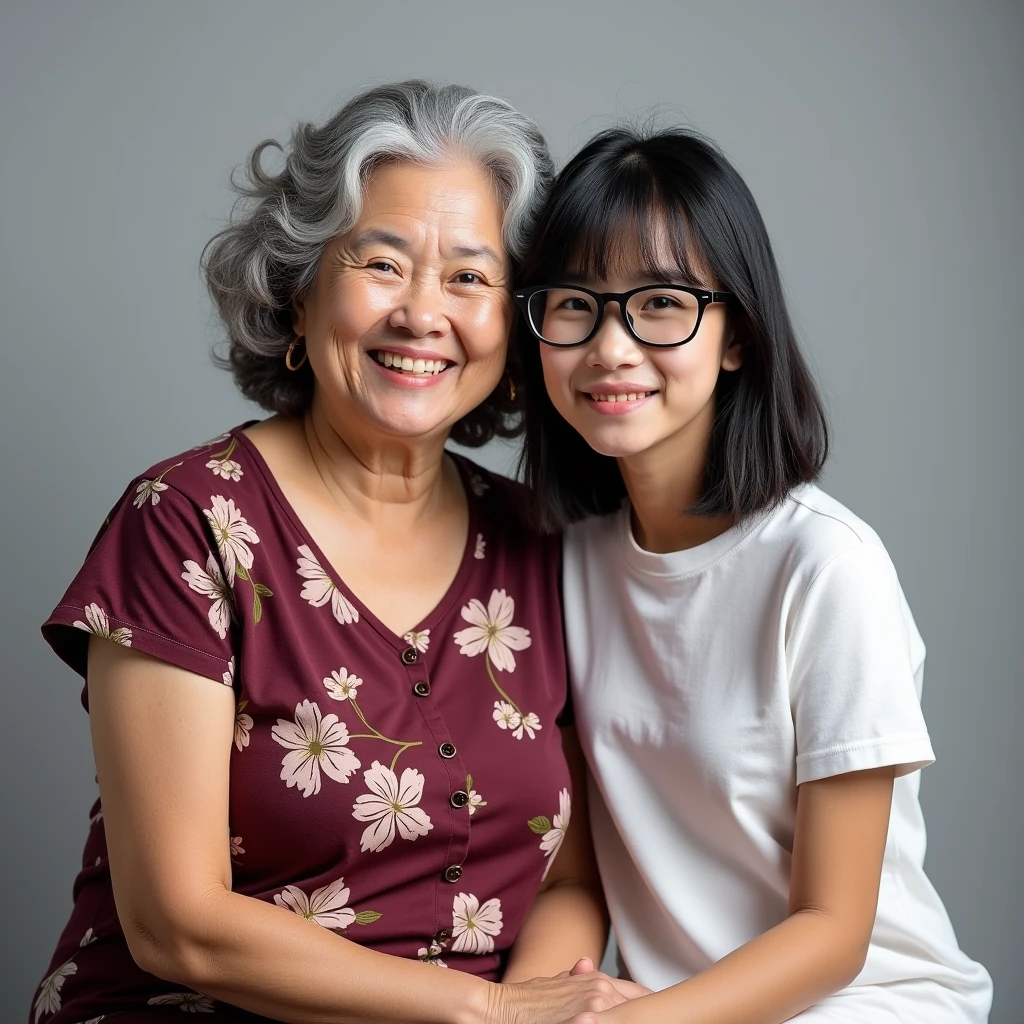 photorealisic portrait taken at studio, family photo shows a lady of 50-yo, together with her granddaughter of , asian female, both sitting close. they are having different figures: "the lady has round face, nice  smile, medium-grey short curly hair, wearing burgundy-red floral pattern causal dress"; "the young granddaughter is age of post-secondary school student , wears white t-shirt casual wear, one length black hair, wear black-framed glasses", in flat grey background  