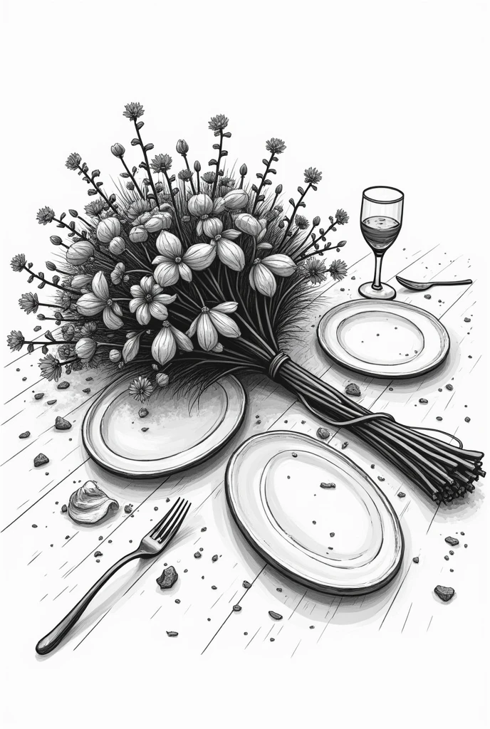 A simple woodcut of a bouquet of dead flowers lying on the dining table, There are knocked over plates and glasses on the table, simple sketch style, Draft, only lines, black andwhite