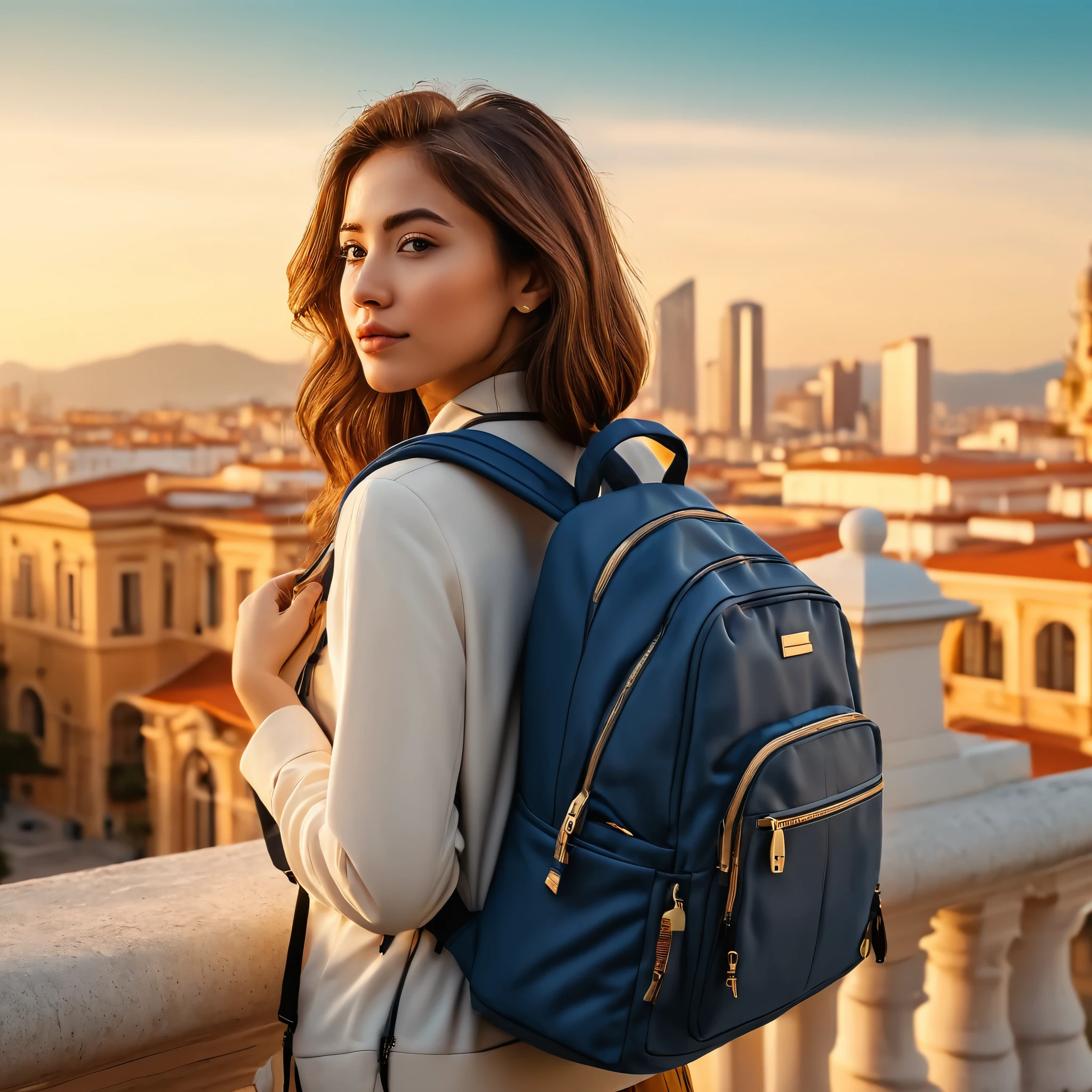 a woman traveler with backpack, modern bbva city style buildings, looking at the horizon, viewed from behind, detailed face, detailed clothing, detailed backpack, detailed architectural elements, serene atmosphere, golden hour lighting, warm color tones, (best quality,4k,8k,highres,masterpiece:1.2),ultra-detailed,(realistic,photorealistic,photo-realistic:1.37),intricate details,cinematic composition,dramatic lighting,vibrant colors,depth of field