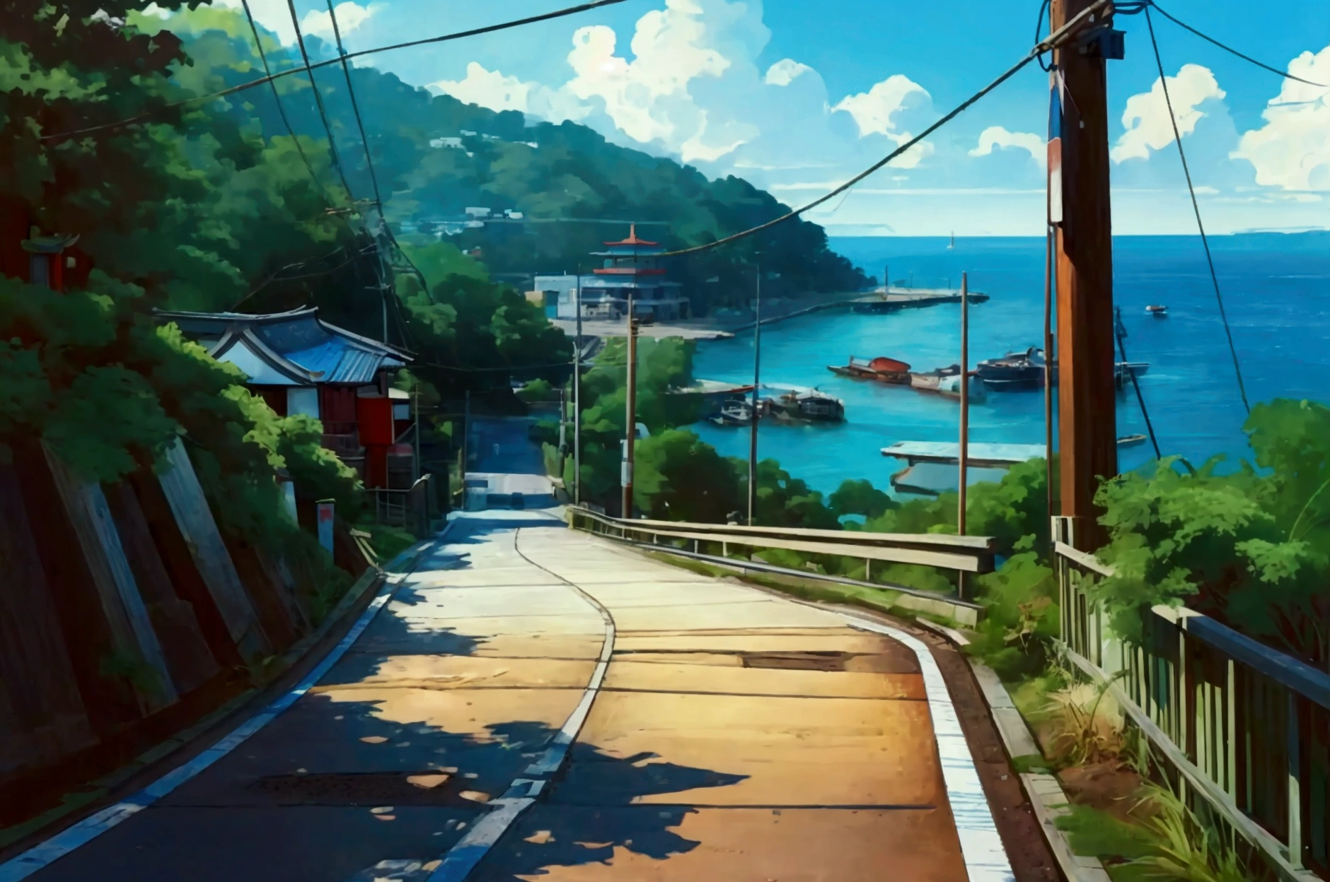 Side view of a coastal road descending towards a small harbor, captured in an anime style artwork. The road is steep, with a guardrail on the left and a small green hill on the right. The asphalt appears slightly worn with some cracks, and a manhole is visible on the road. The coastal area in the background includes a blue ocean with a few boats and a small dock. The scene is bathed in bright, natural sunlight, with shadows cast along the road and guardrail. The general atmosphere is serene and nostalgic, evoking a peaceful Japanese seaside town, on the side of a small Shinto statue