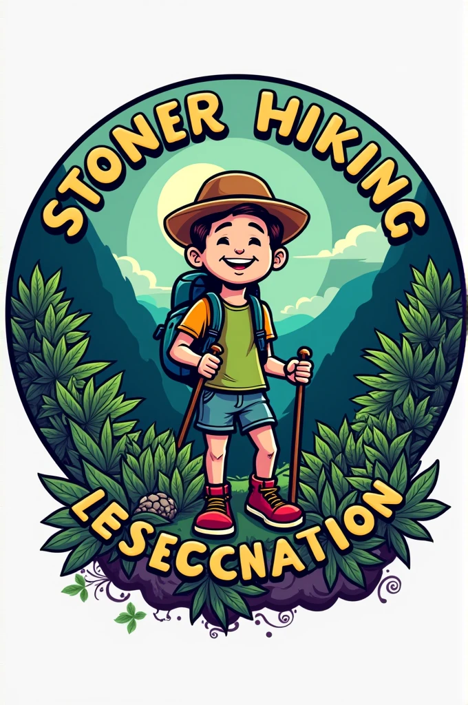Round Logo for: Hiking club that smokes weed, with name "Stoner Hiking Association" around it, please include more weed, can you male it cartoony and cool