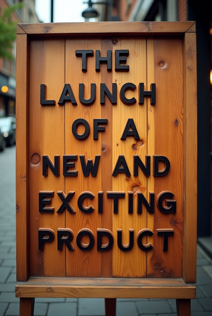A large eye-catching advertisement featuring a wooden sign facing the camera with the exact words "the Launch of a New and Exciting Product" prominently displayed in a burnt darker colour than the wood. The words are cut out in 3D, bold, and cursive typography, the sign should be exciting as it is a new product launch