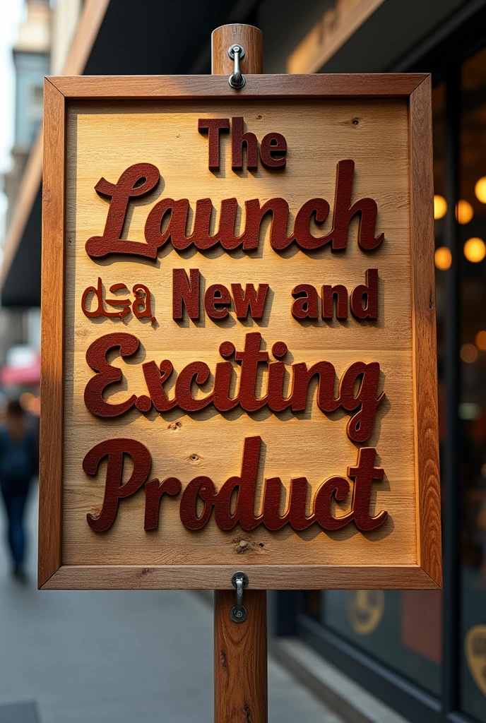 A large eye-catching advertisement featuring a wooden sign facing the camera with the exact words "the Launch of a New and Exciting Product" prominently displayed in a burnt darker colour than the wood. The words are cut out in 3D, bold, and cursive typography, the sign should be exciting as it is a new product launch