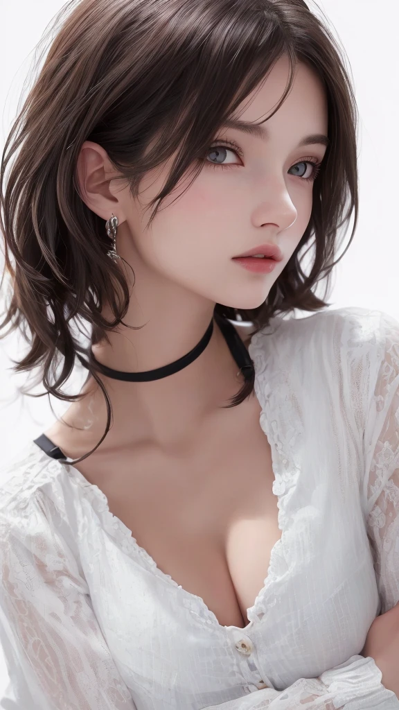 8K Ultra HD、RAWphoto、モデルphoto撮影、 European shoelaces、(masterpiece、best quality、Practical、high resolution、photo:1.3)、closure、focus on、Popular Models、Slim、30 years old adult、Small face、No makeup、short hair、Beautiful dark brown haine eyes、realスキン、(Perfect body)、Sexy hot face、、Sexual Vision、Slim、shirt、Long sleeve、Hide your breasts、Beautiful eyes in every detail、Glossy lips、Small Breasts、Small Breasts、Bust B cup、((Bright Light、Dynamic Lighting、real、超real、 realism、realなディテール、Cruel beauty、Cool pose、Background white、Pure white background