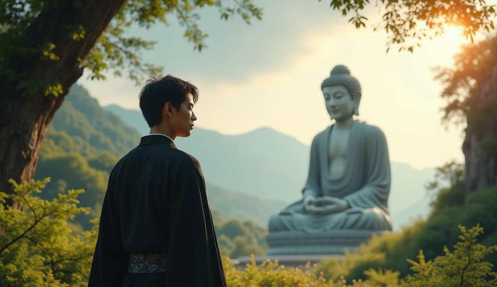A young Japanese man in a black kimono is gazing at a giant Buddha statue in the distance,Stony, texture, expensive, Majestic, Inverted Image, The background is illuminated by sunlight., Towering Tree, Beautiful composition, A masterpiece, detailed, High resolution excited, Photo of your face, With lush natural scenery as a background, with a natural look, With a slightly tired look, tilt your face a little, Diagonal orientation, Average face