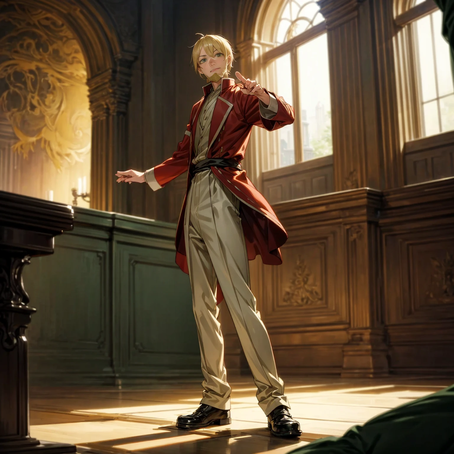Solo character, full body version, old man, thin beard, green eyes, blonde color hair, short bob hair, royal king outfit, red Coat, shoes, indoor, Castle, light sun, morning, standing gesture, detailed background, detailed clothing, detailed hair, happy eyes, (food wars style art, Bleach style art)