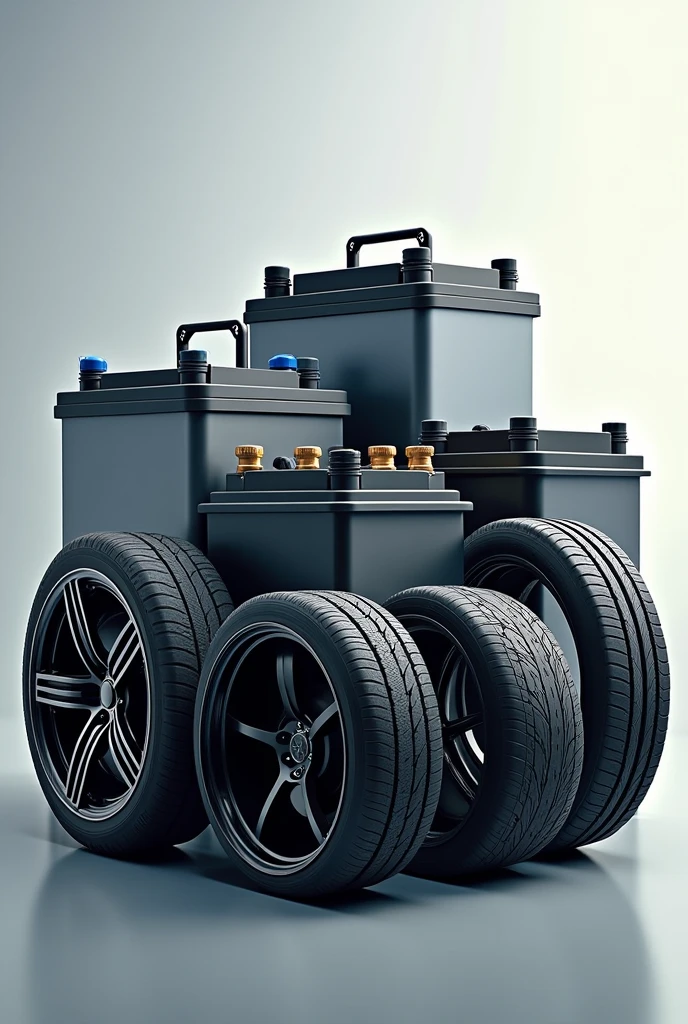 Create an eye-catching image of automotive batteries and tires