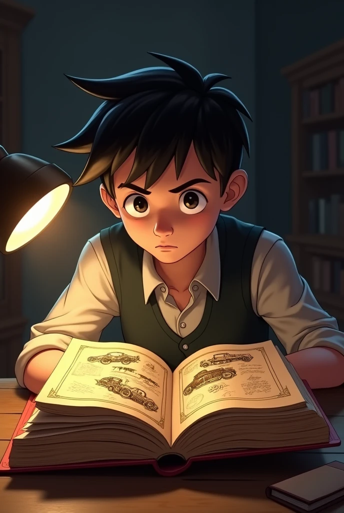 Nico is at his desk, reading the ancient book carefully. On the open page you can see illustrations of magical cars and an old map with routes drawn on it.. The light of a lamp illuminates Nico&#39;s fascinated face.



