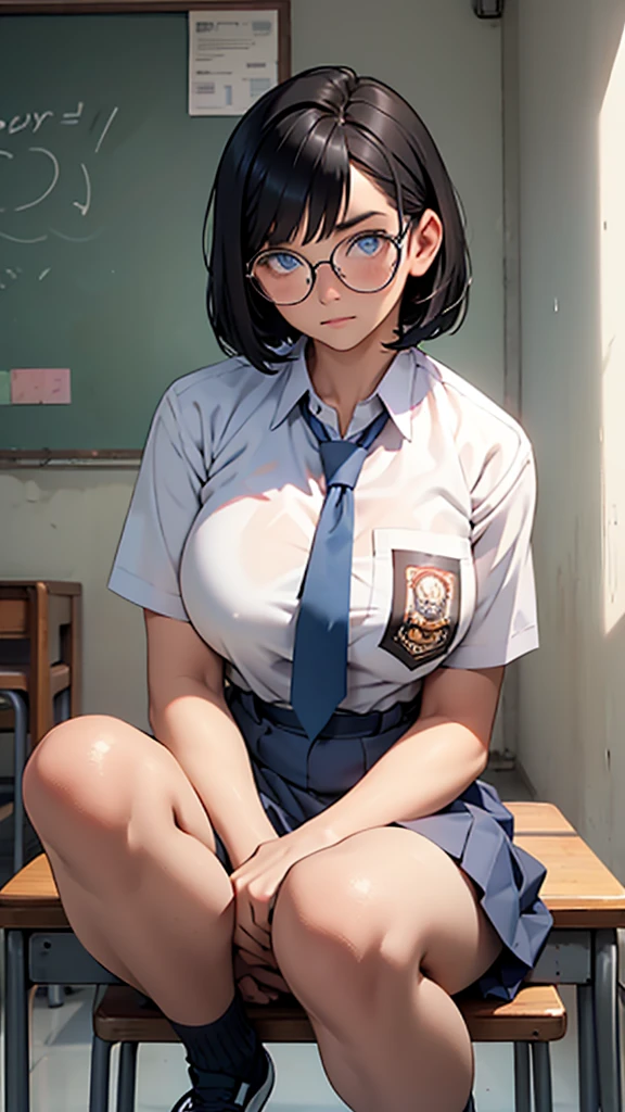 Best quality, 1 woman, , (short bob haircut, black hair), scared face expression, plump body, blue eyes, Indonesian high-school uniform, (wearing transparent white shirt), osis logo on shirt pocket, huge XL breasts, light-grey pleated skirt, sitting down, seductive pose, full body shot, shy face, blush, looking_at_viewer, glasses, black-framed eyewear, in the classroom,