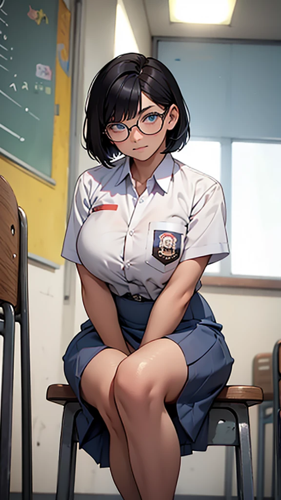 Best quality, 1 woman, , (short bob haircut, black hair), scared face expression, plump body, blue eyes, Indonesian high-school uniform, (wearing transparent white shirt), osis logo on shirt pocket, huge XL breasts, light-grey pleated skirt, sitting down, seductive pose, full body shot, shy face, blush, looking_at_viewer, glasses, black-framed eyewear, in the classroom,